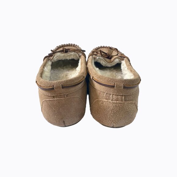 Minnetonka Tan Suede Moccasin Slipper 10 Women Fur Lined Rubber Sole Cozy Lounge - Picture 5 of 9
